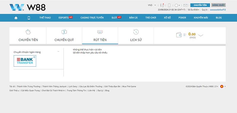 Rút tiền W88 sử dụng máy tính hoặc PC